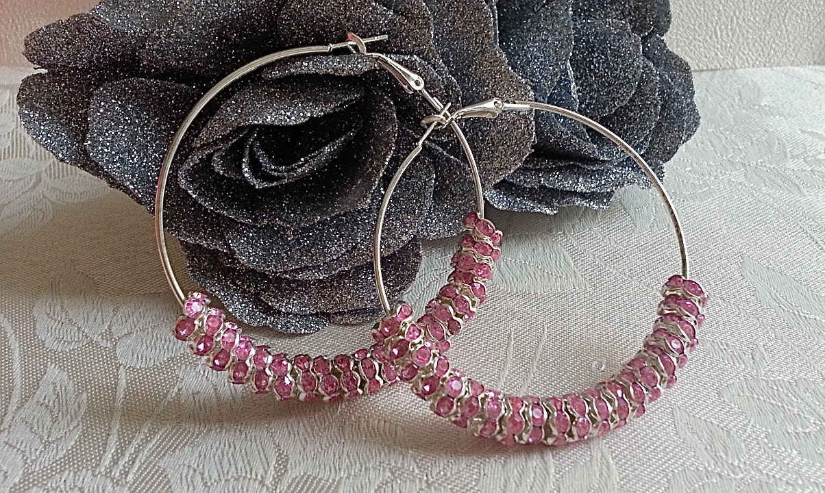 Pink Rhinestone Big Hoop Earrings Basketball Wives by Karitage