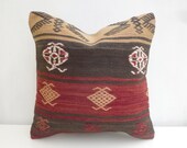 Rust Brown and Apricot Kilim throw Pillow with large Stripes, Ethnic Sofa cushion cover, Woven Turkish sham 40x40cm, 16x16' Rustic Decor