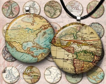 Vintage Maps Circles - Instant Download, Antique Maps, World Map, 1 inch circle images, bottle cap images, printable images, round images