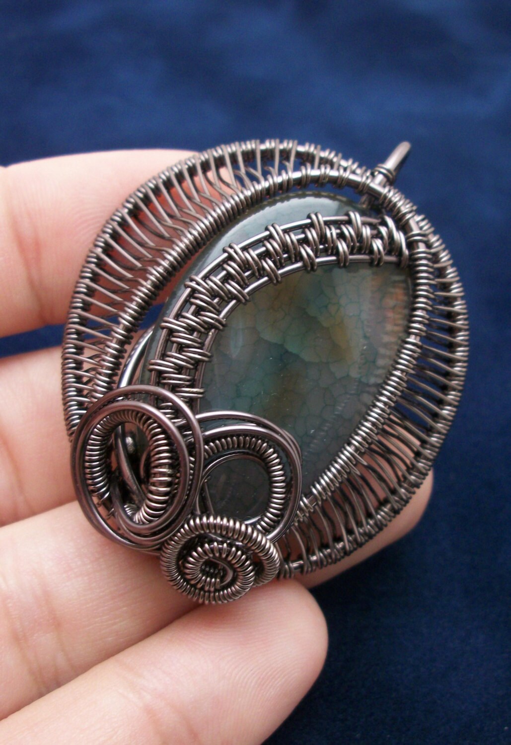 Blue Green Agate Wire Wrapped Pendant in Gun Metal