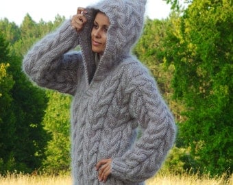Extra Thick Hand Knit Sweater Mohair GRAY Color Fuzzy Jumper Hooded Jersey MADE to ORDER