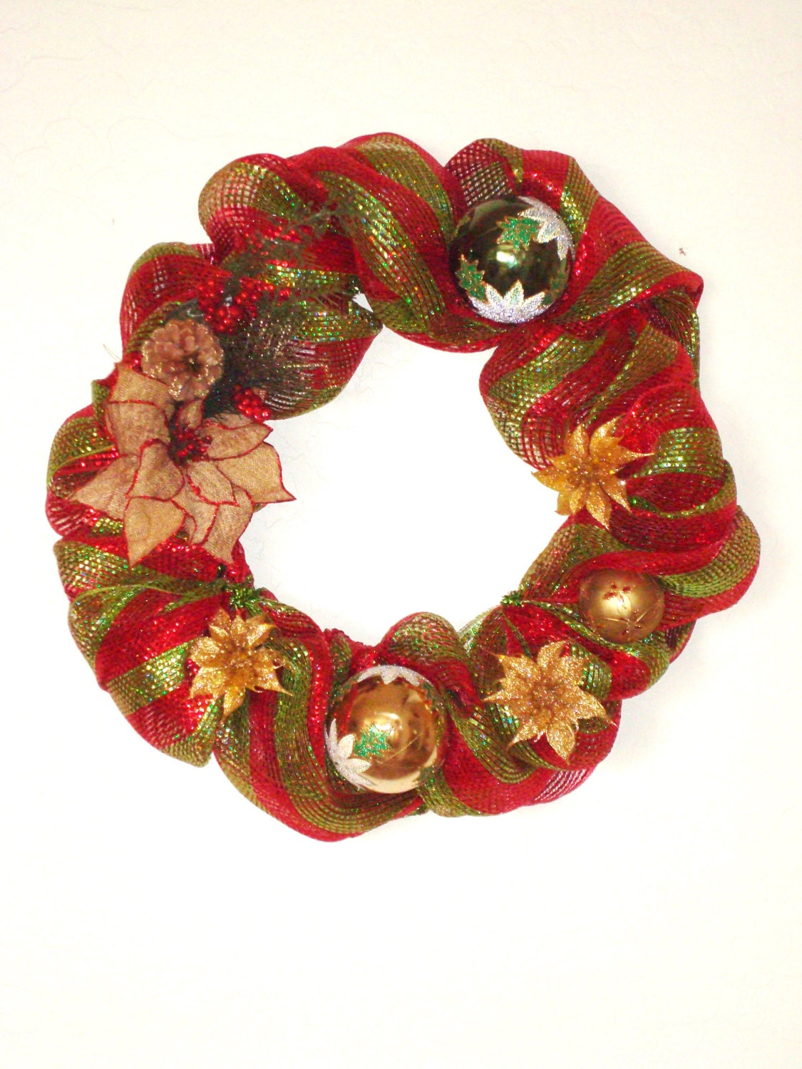 Christmas DecoMesh Wreath with Burlap Poinsettia Flower