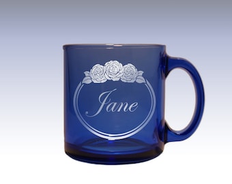 Personalized Blue Glass Tea Cup and Coffee Mug Engraved with Monogram Design Options and Font Selection (Each - 13 oz)
