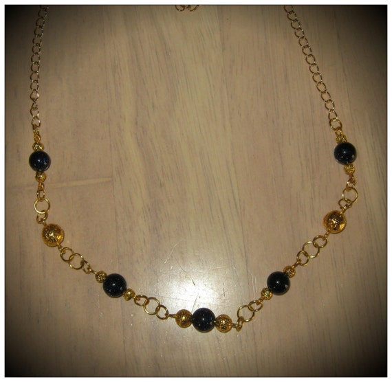 Handmade Long Gold Necklace with Blue Goldstones by IreneDesign2011