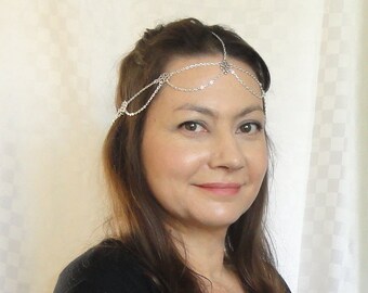 Silver chain headchain, Boho head jewelry, Chic head piece, Silver head chain, Chain headpiece, Silver headpiece