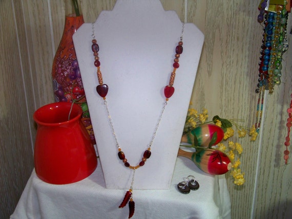 Necklace - Red Feathers, Orange Jade, Glass, Wood, Chain