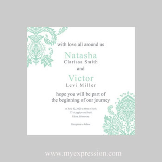 Wedding Invitation Template (5x5 Square) - Mint Damask - Instant ...