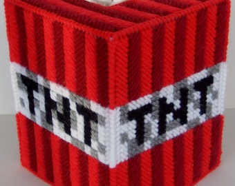 MINECRAFT TNT - Video Game Craze - Boutique Size Tissue Box Cover - Needlepoint on Plastic Canvas