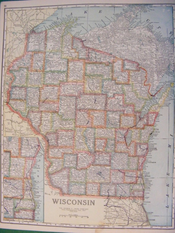 1923 Vintage Map of Wisconsin and Ohio WI OH