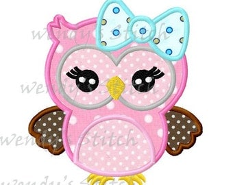 Big bow girl owl machine embroidery design digital applique
