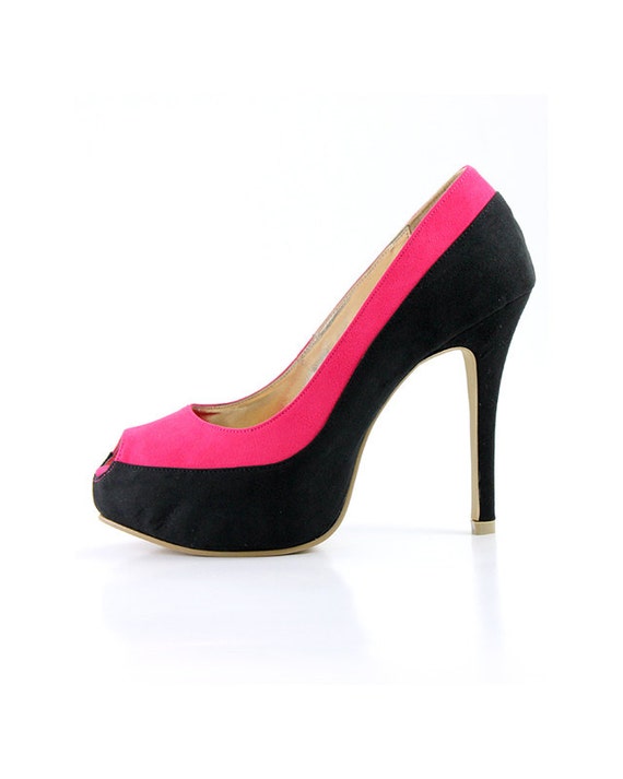 AMMIE & JOYCE Custom Made Two-Tone Deep Bright Pink Black Suede Peep-Toe Platform Pump Women High Heels Wedding Fashion Bridal Shoes