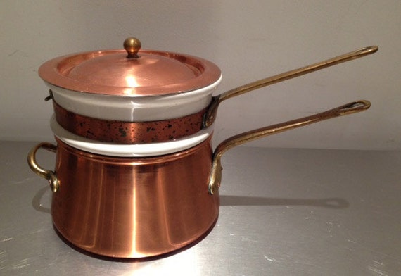 Vintage Copper and Porcelain Double Boiler Bain Marie