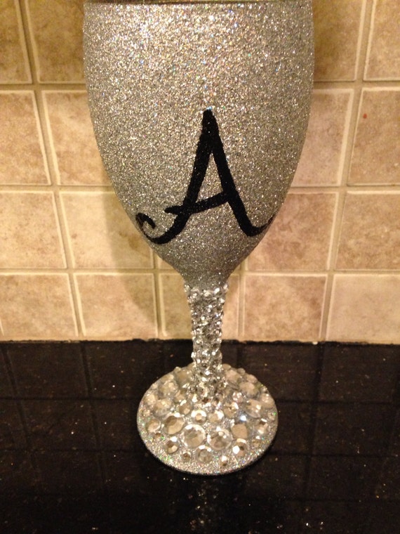 Glitter blingy rhinestone wine glass with by GlitzyGlitterGal