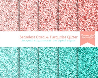 50% OFF Seamless Coral and Turquoise Glitter Digital Paper Set - Personal & Commercial Use