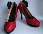 Red and Black Rhinestoned Heeled Shoes with Large Black Silk Flower Size 4