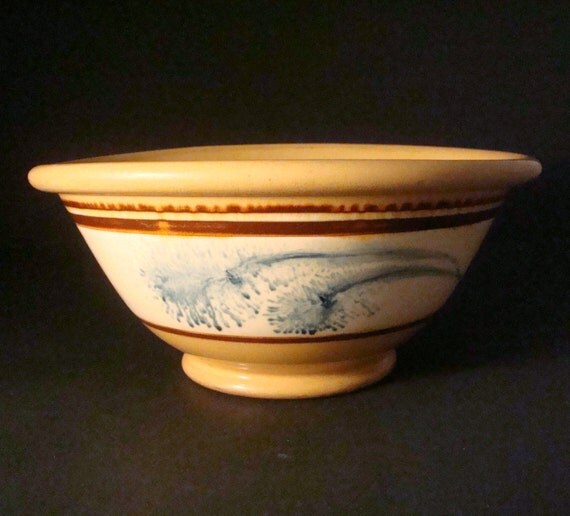 c1850 Antique Mocha Seaweed Decorated Bowl. Yellow Ware Mixing