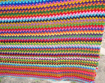 ON SALE**70s Boho Hippie Crocheted Afghan Blanket Bright Rainbow Zig ...