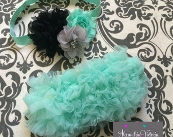 MINT BABY BLOOMER set, vintage inspired baby headband and chiffon ruffle diaper cover, mint, gray and black baby set, aqua blue.