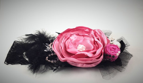Girls Headband***Large Satin Flower***Pink and Black 1