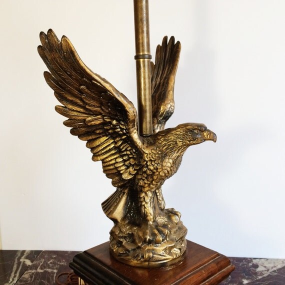 Vintage Bronze Eagle Table Lamp with Wood Pedestal Base