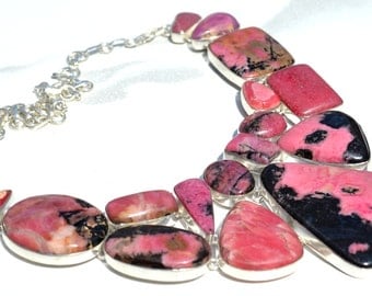 Beautiful Premium 925 Sterling Silver Statement Necklace 184 Gram With Fine Quality Huge Rhodonite Gemstones,Free Shipping Worldwide