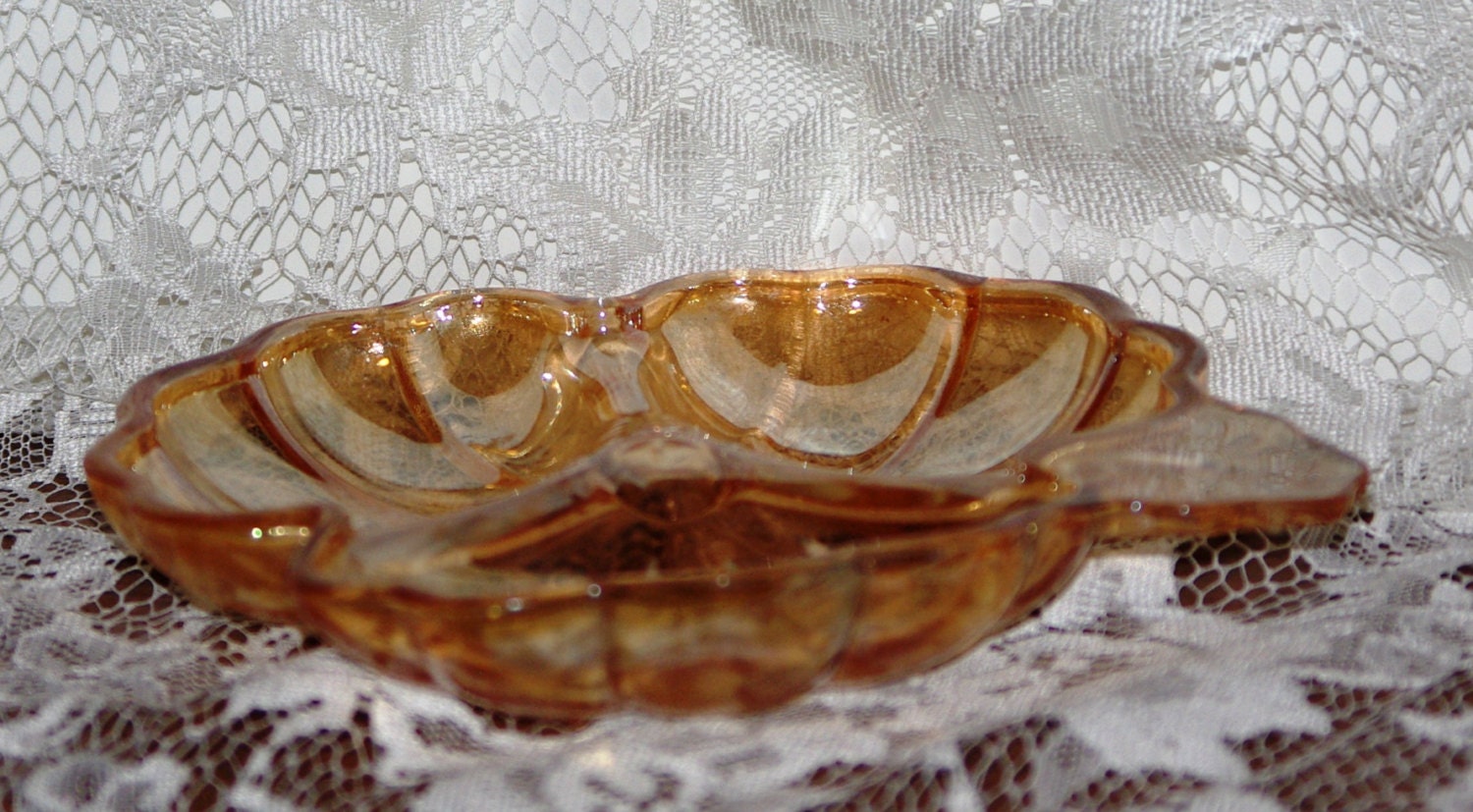 Amber Glass Dish (Candy Dish) with Leaf Design 3 seperate dividers