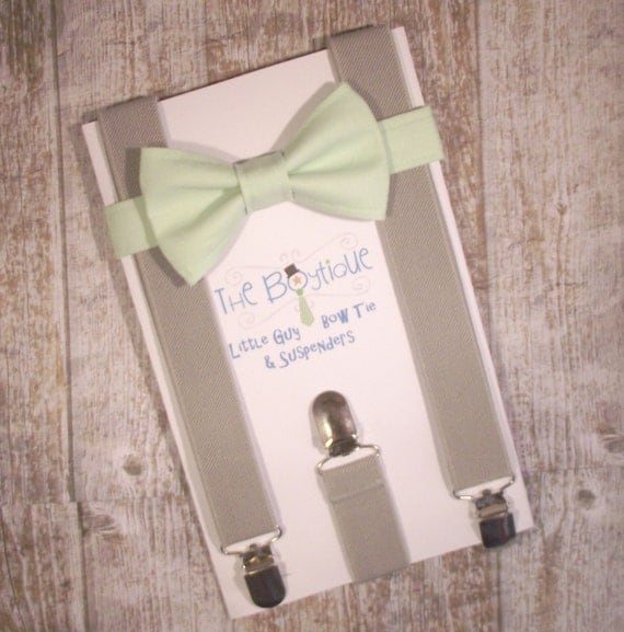 Mint Bow Tie and Grey Suspenders, Toddler Suspenders, Baby Suspenders, Ring Bearer, Light Green, Pastel