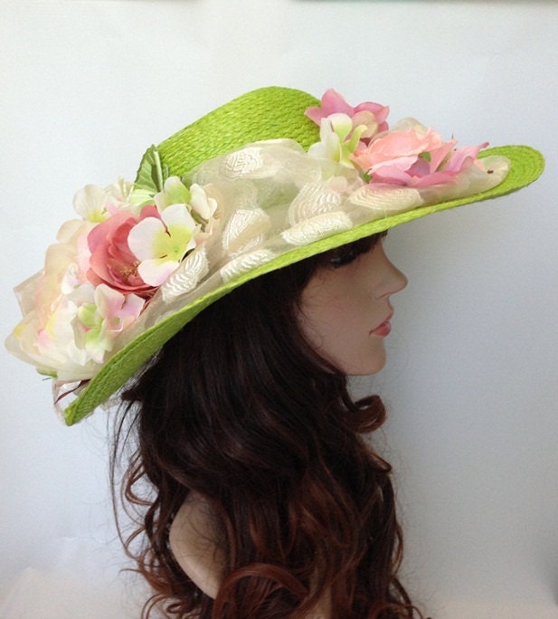 A Lime Green Sisal Weave Church Hat Decorated With A Garland