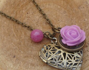 Antique Brass Flower Jade Locket Necklace Victorian Jewelry Gift Vintage Style