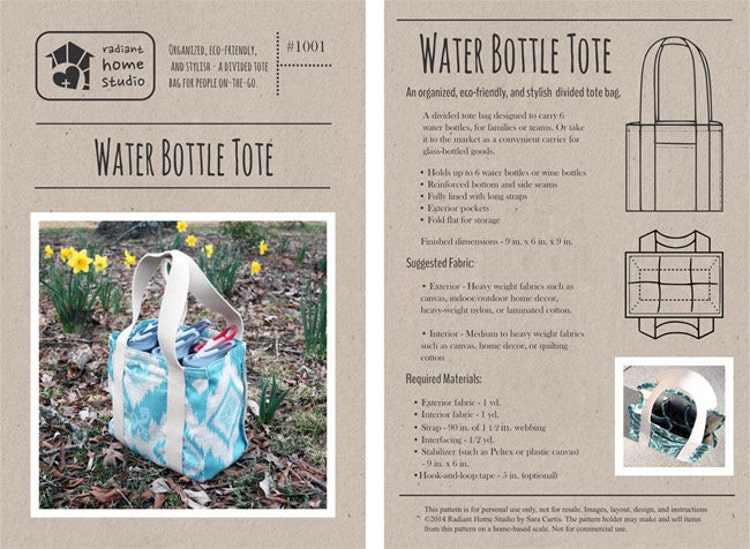 Water Bottle Tote PDF Sewing Pattern Tote by RadiantHomeStudio