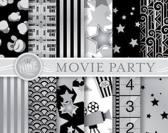 CLASSIC MOVIE PARTY Digital Paper: Movie Printable Pattern Print, Movie Party Download, 12 x 12 Hollywood Theme Patterns Scrapbook Print
