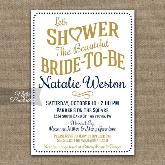 Blue and Gold Bridal Shower Invitations by NiftyPrintables