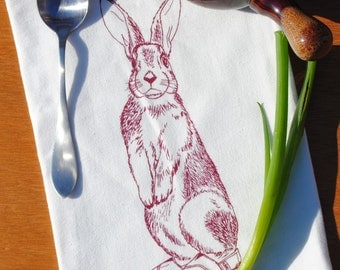 Screen Printed Cotton Kitchen Tea Towel - Burgundy Rabbit - Hand Printed Tea Towel - Perfect House Warming Gift