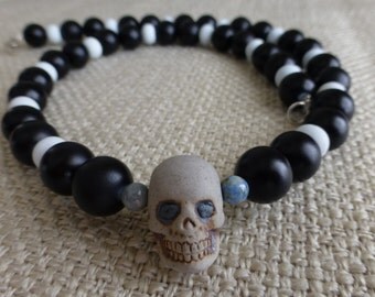 Ceramic Skull Bead Necklace OOAK Grey Skull White Black Chunky Bead Agate