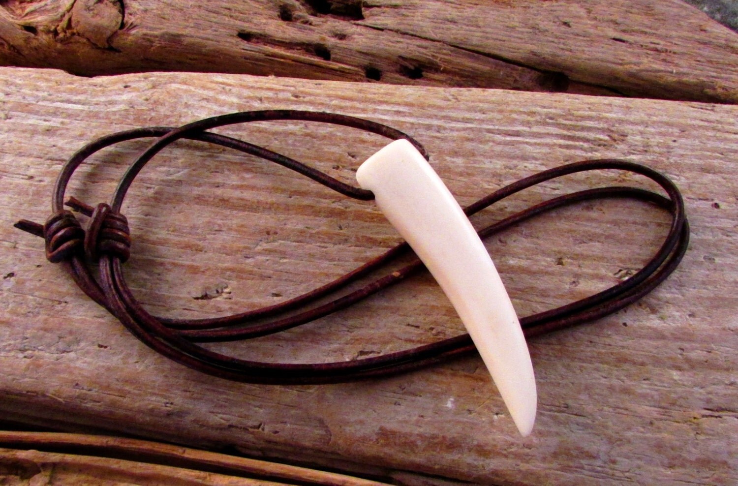 Fang Necklace Hand Carved Bone Leather Cord by Boneythings