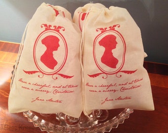 4 Jane Austen Christmas Holiday Bags. Gift Set of 4 Vintage Cotton Drawstring 5x7 6x8 7x9 7x11