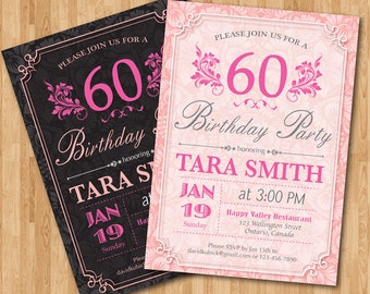 60th Birthday Invitation for Woman. Adult birthday party invites. Pink and Black or Any custom color. Floral. Any age. Printable digital.