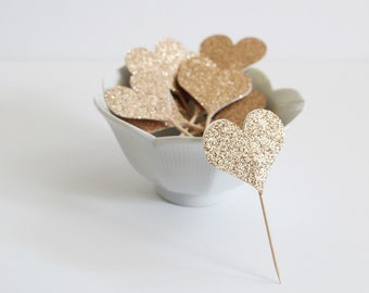 12 Glitter Heart Cupcake Toppers / Cocktail Picks / Food Picks / Birthday Party / Baby Shower / Bridal Shower / Party Favors / Gold Hearts