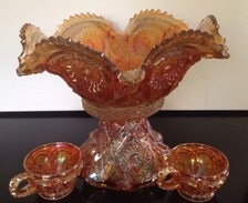 Large Fashion By Imperial Marigold Carnival Glass Punch Bowl And 2 Glasses