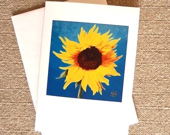 Sunflower Blank Card yellow flower on blue background from my original painting