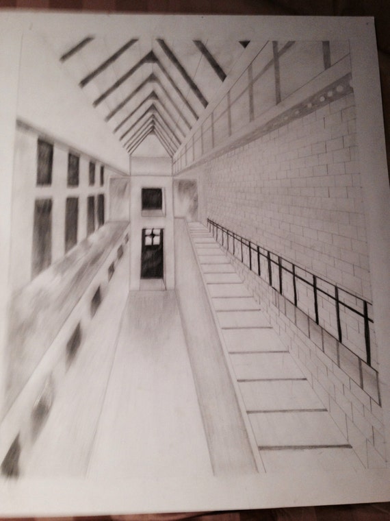 Pencil drawing of an interior space. Dark. by ...