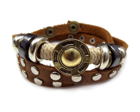 Items similar to Statement Leather Bracelet, Metal Stud Accented ...