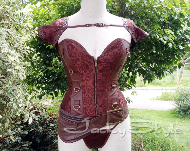 Steampunk Corset Brown Brocade and Faux Leather Sexy Victorian Corset TOP with Zipper Front Steel Boned Waist Training Women Punk Clothes