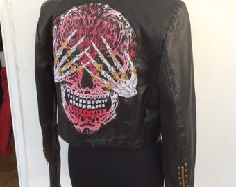 Items similar to Halloween Gothic Rhinestone Skull jacket dove grey ...