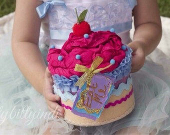 Alice in Wonderland oversized faux cake Eat Me cupcake party decor fairytale handmade party centrepiece