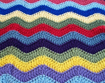Crocheted Ripple Afghan, Crocheted Throw, Multi-Color Afghan