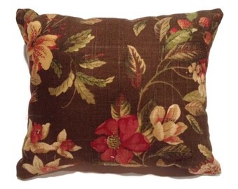Decorative floral toss pillow, brown, red, green, linen, throw pillows, home decor