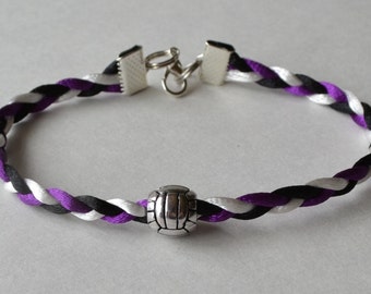 Braided volleyball bracelet with satin nylon cord and metal volleyball bead