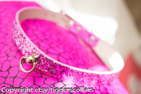 Silver Pink  or Magenta  Glitter Submissive Collar cat  bell