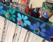 Necklace hanger / hanging jewelry display / necklace wall rack in shimmery black, stenciled flowers teal edges 4 hooks 5 hand-painted knobs Necklace hanger / hanging jewelry display / necklace wall rack in shimmery black, stenciled flowers teal edges 4 hooks 5 hand-painted knobs